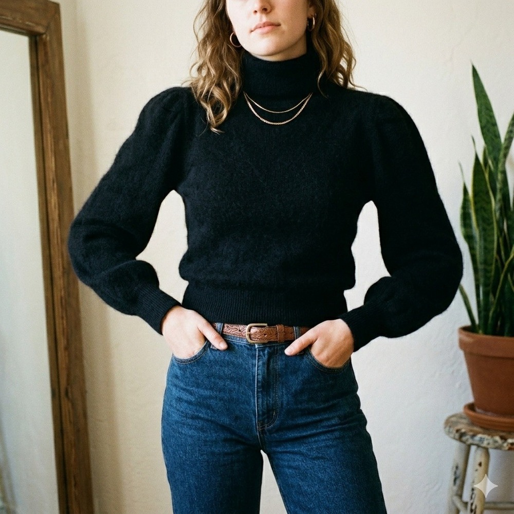 Veronica‎ Beard Cashmere Sweater Womens Small Black Puff Sleeve Mock Neck Luxury